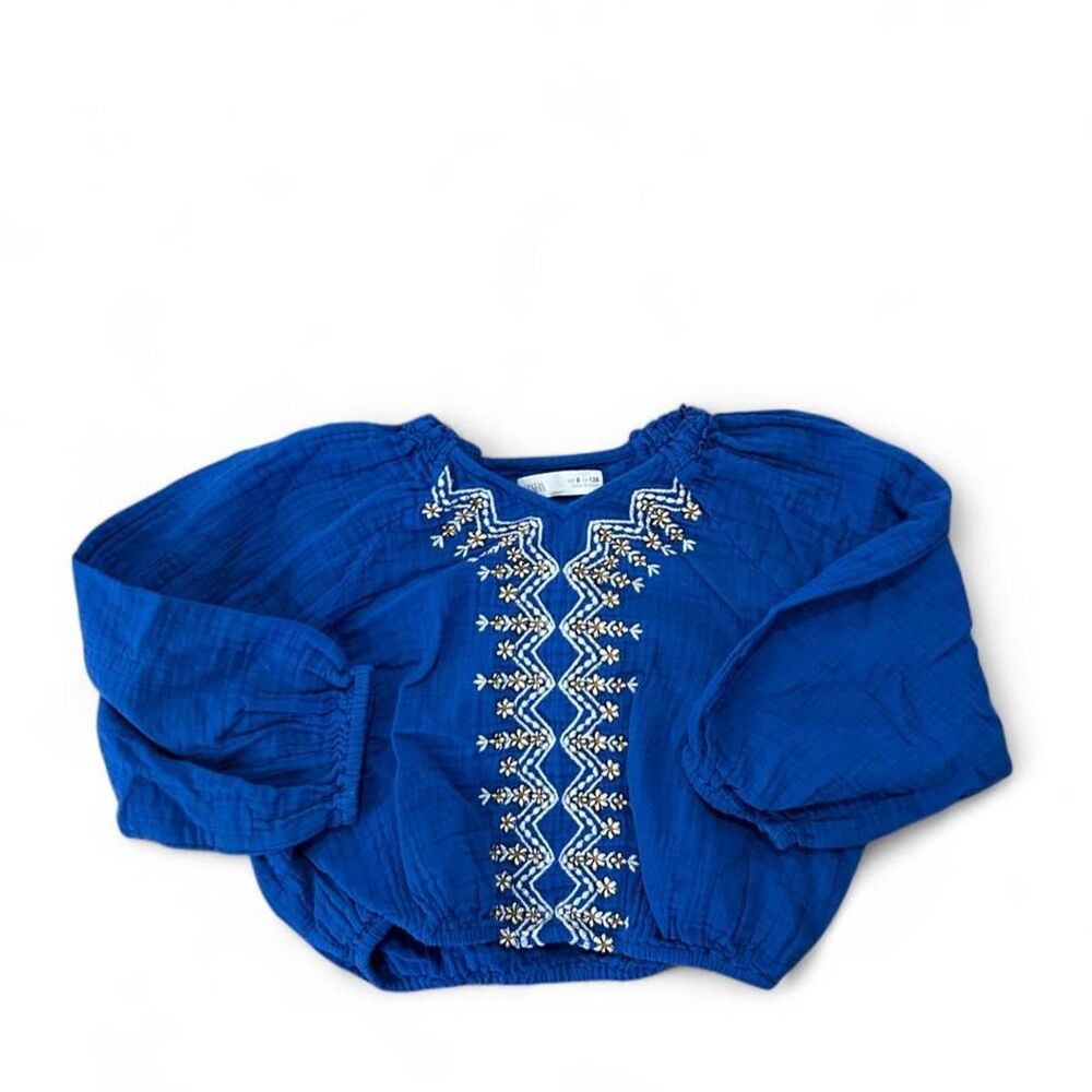 Zara Girl Floral Embroidered Blue Cotton Blouse - Size 7